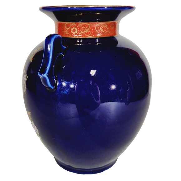 Vase Japanese Cobalt Blue 8.5" Handles Vintage Vtg Porcelain Peacock Bird Nature - Picture 6 of 14
